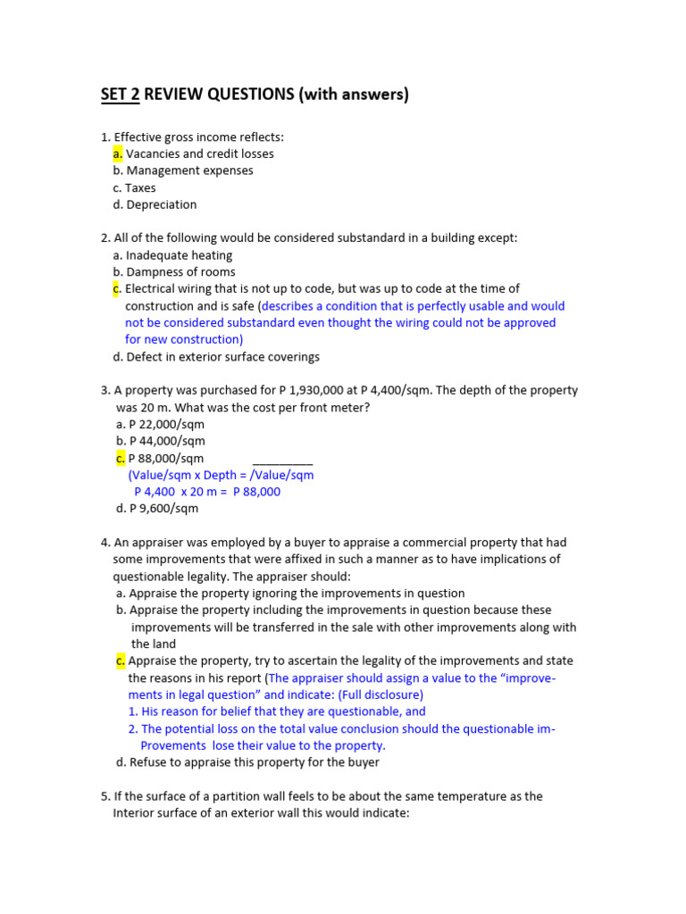 3.1 Set 2 Review Questions With Answers (Final) PDF Real Estate