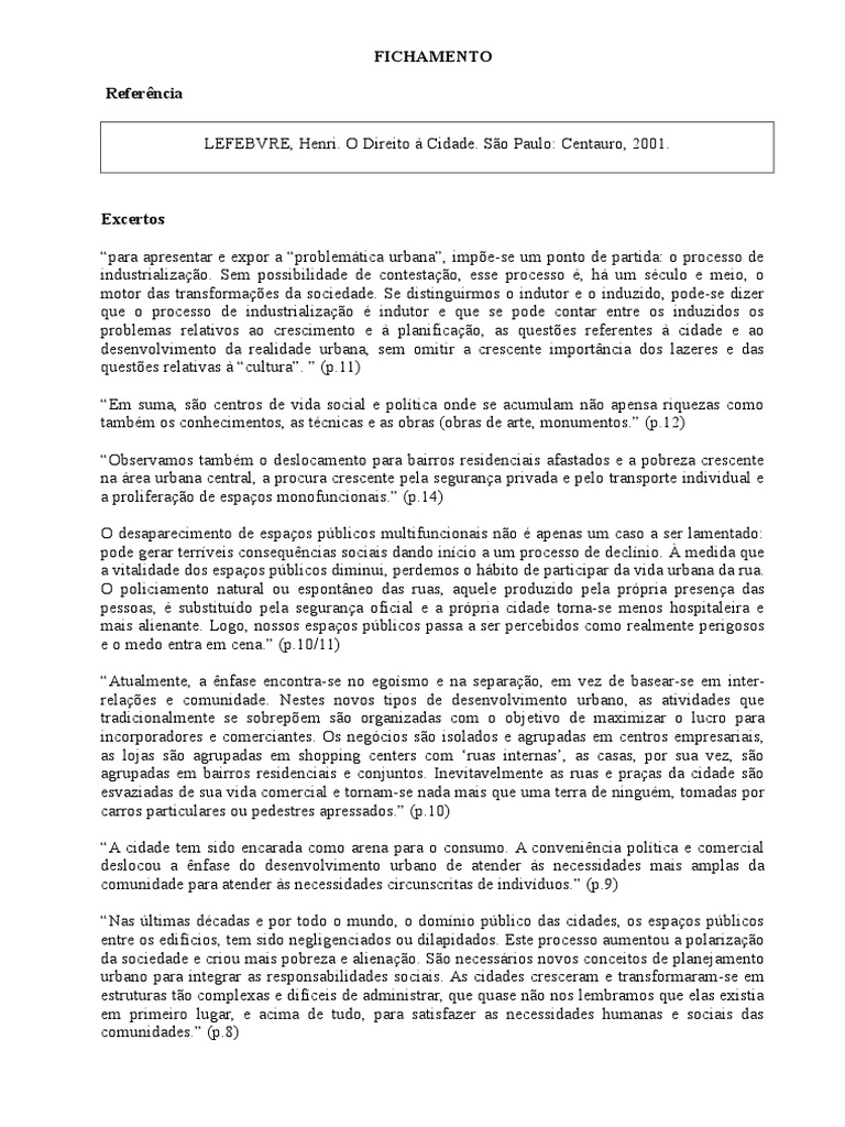 LEFEBVRE, Henri. O Direito À Cidade PDF Grécia Antiga Liberdade