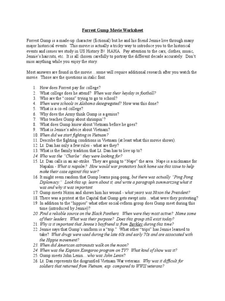 Forrest Gump Worksheet | PDF | Black Panther Party | Vietnam War