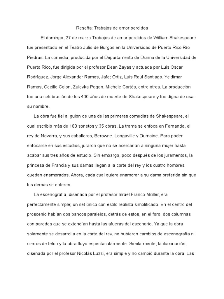 Reseña Trabajos de amor perdidos William Shakespeare Teatro