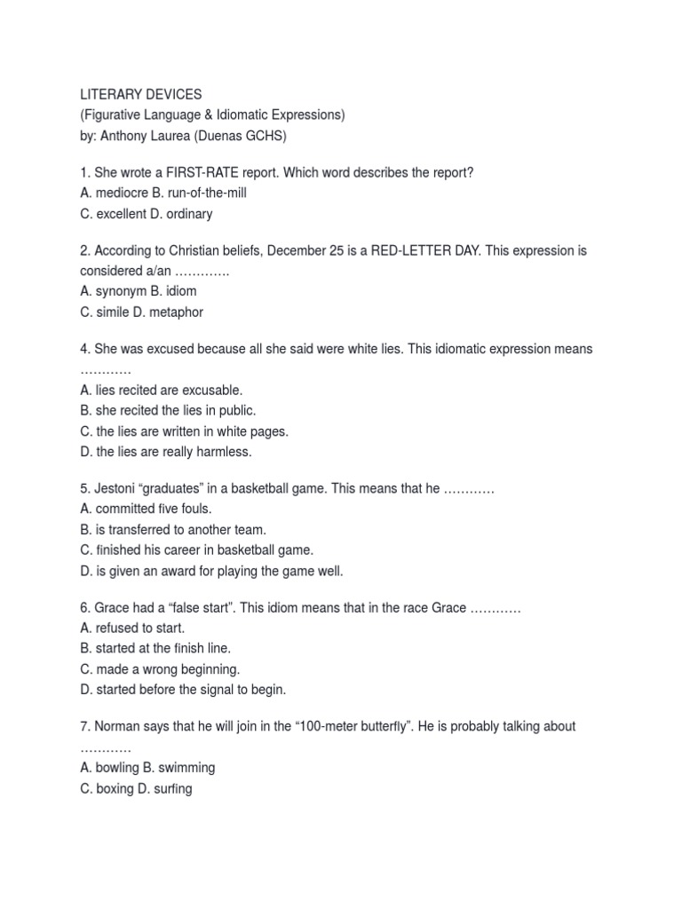 LITERARY DEVICES Sample Questions Idiom Languages