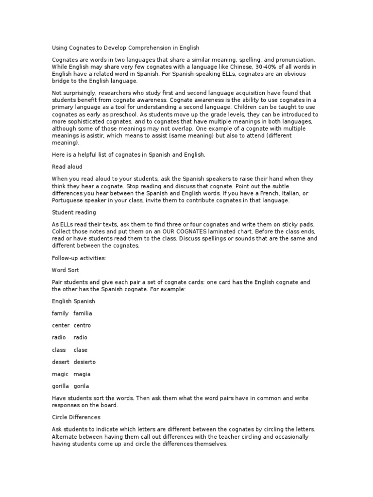 Using Cognates for English Comprehension | PDF | Reading Comprehension ...