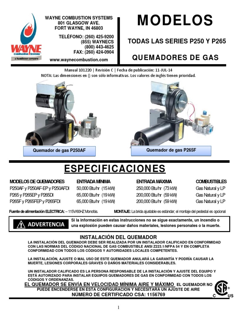 Manual P250AF, P265F Gas Powered Burners Spanish PDF PDF Caldera