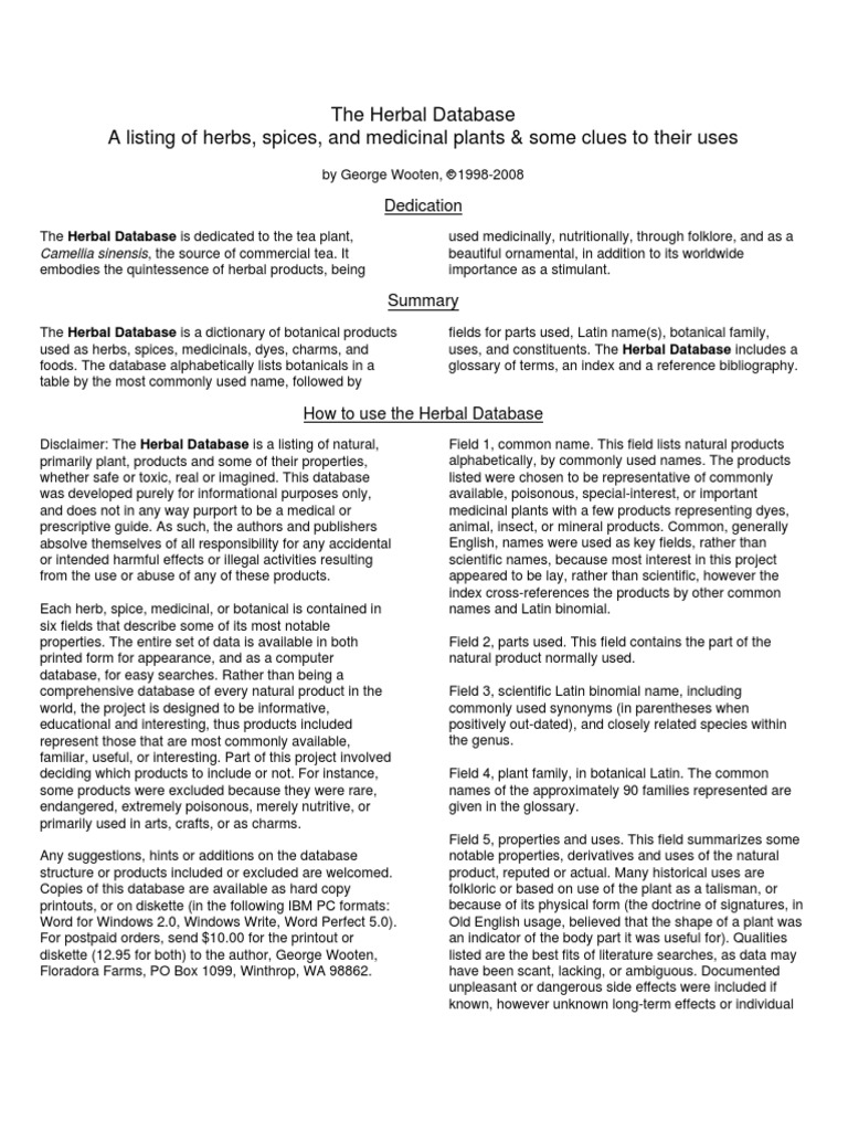 The Herbal Database A Listing of Herbs, Spices, and Medicinal Plants & Some Clues To Their Uses