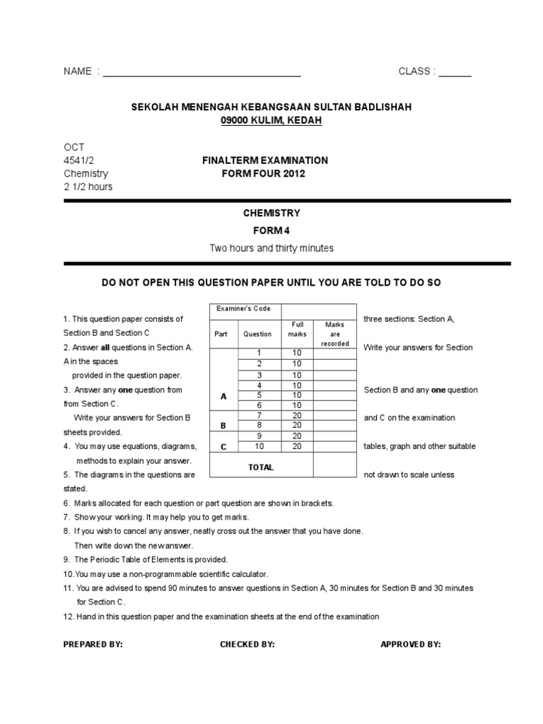 Exam chemistry Form 4 paper 2 | Chemical Compounds | Atoms