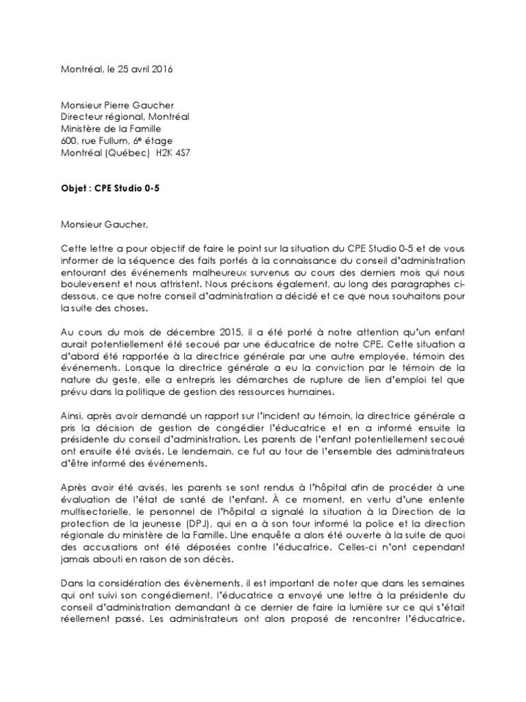 Lettre Du CPE Studio 05  Québec  Montréal