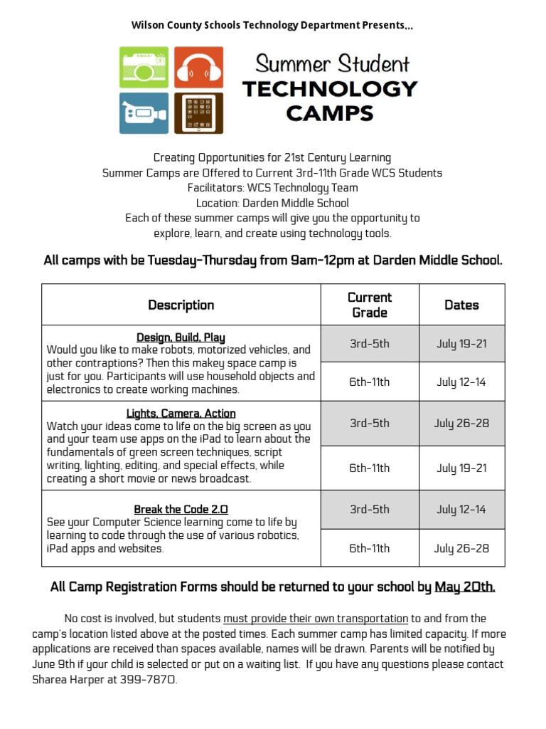 WCS Summer Tech Camps for Grades 3-11 | PDF