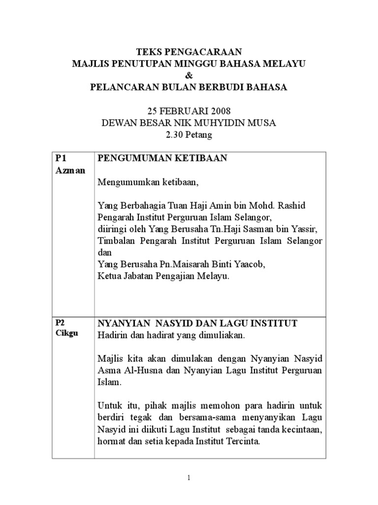 Contoh Skrip Pengacara Majlis Penutupan Bulan Bahasa