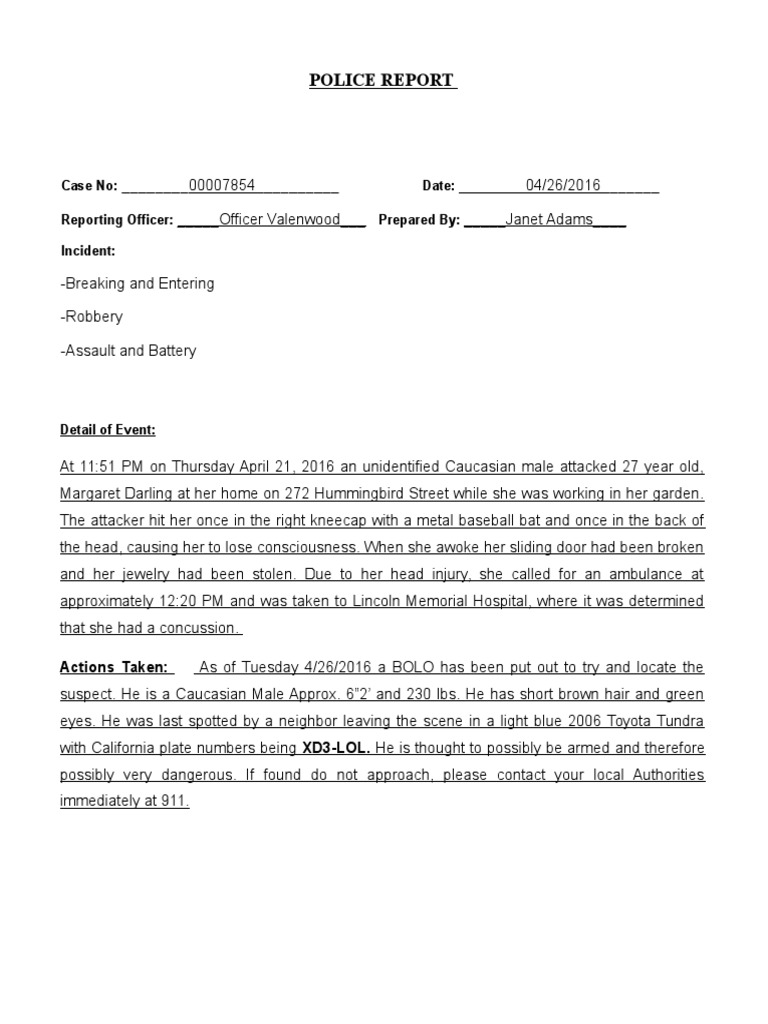 Printable Police Report Template | PDF | Social Science | Travel