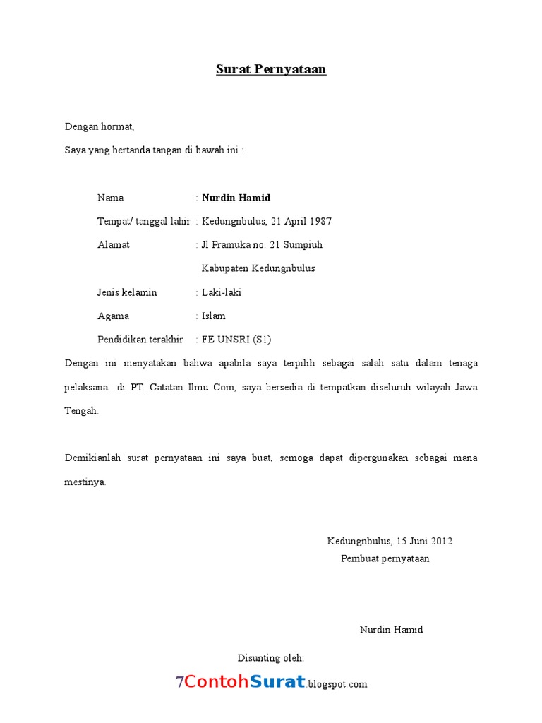 Contoh Surat Pernyataan Penempatan Kerja  PDF