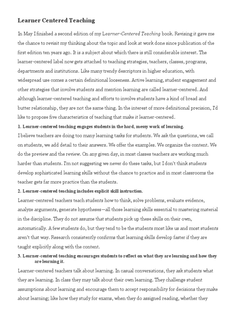 Learner Centered Teaching Pdf Teachers Learning