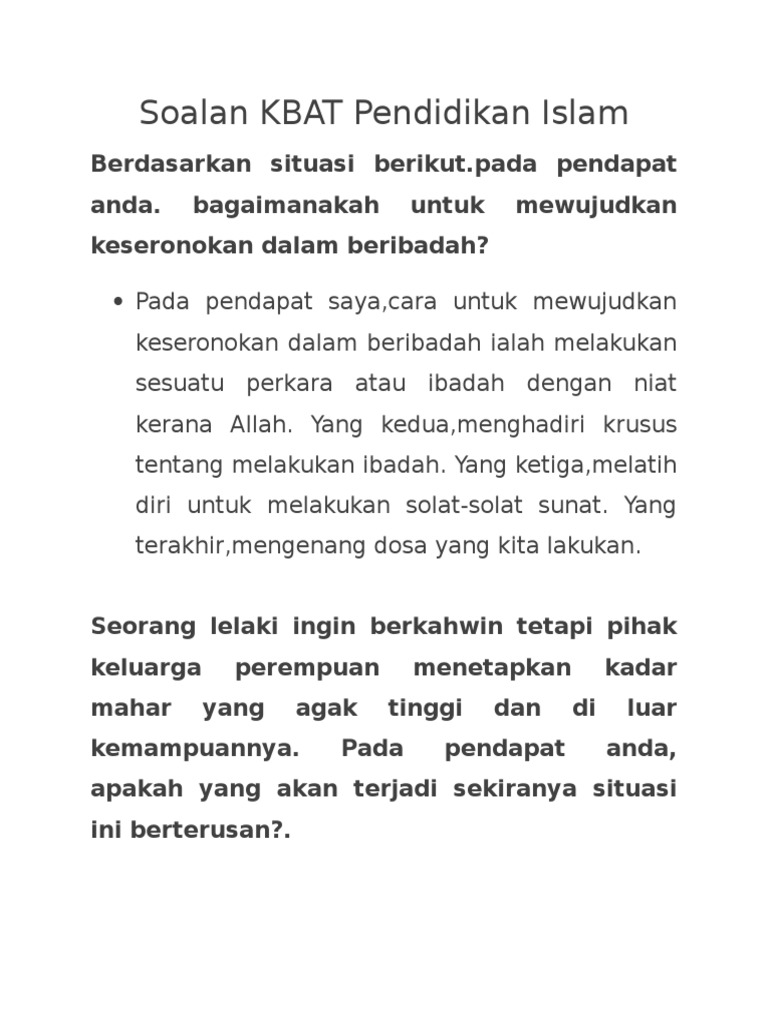 Soalan Kbat Pendidikan Islam