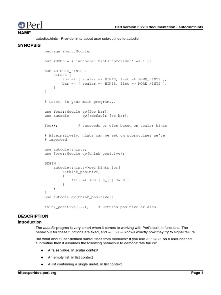 Perl Version 5.22.0 Documentation - Autodie::hints | PDF | Perl ...