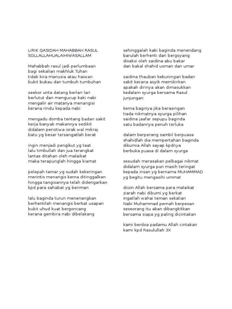 Lirik Penuh Qasidah Mahabbah Rasul Pdf