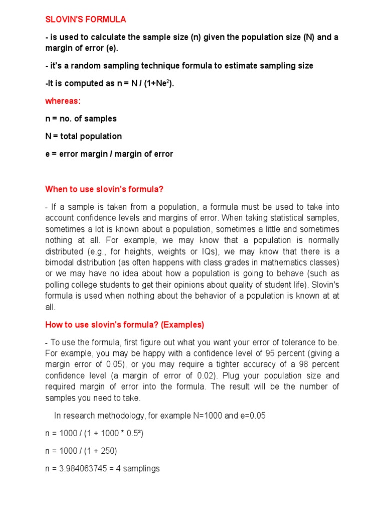 Calculate sample size using Slovin's formula PDF