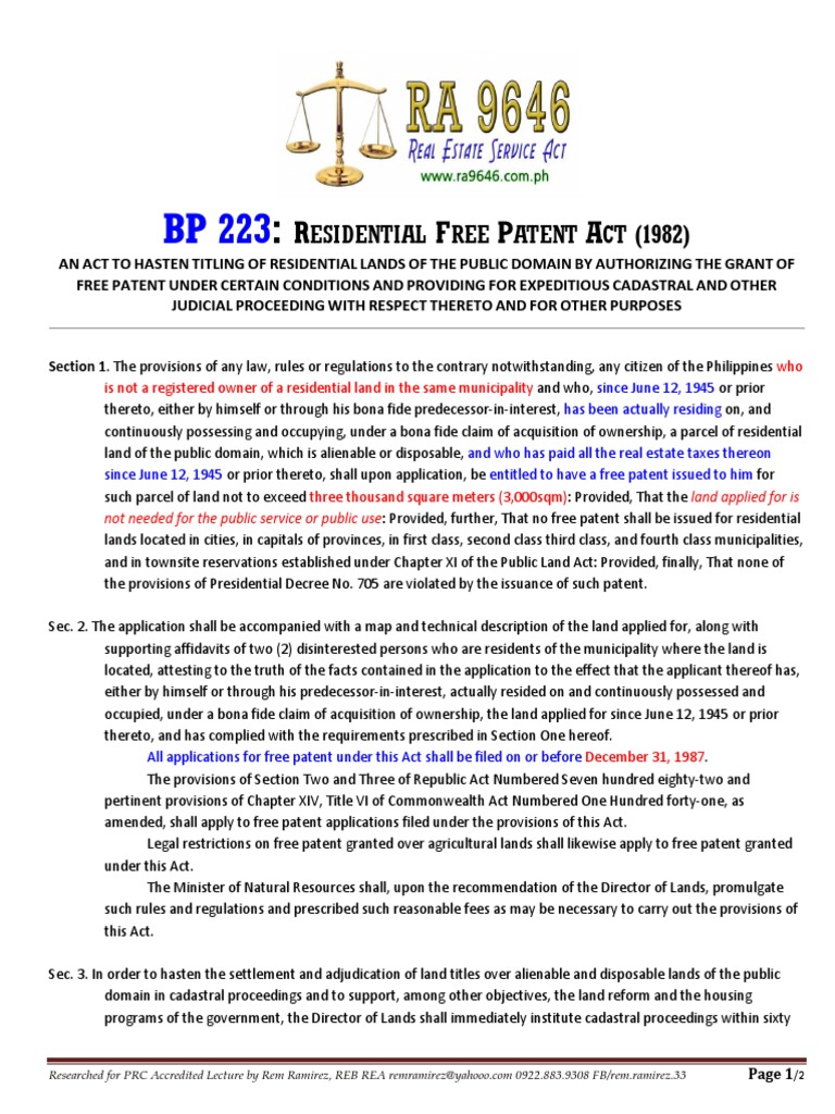 BP 223 Residential Free Patent (1982) PDF Patent Application Patent