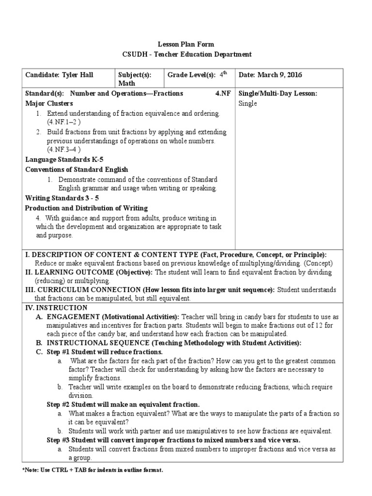 Mathlesson Plan Form | PDF | Fraction (Mathematics) | Lesson Plan