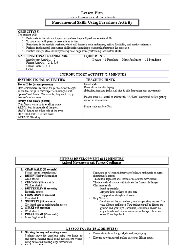 Lesson Plan Fundamental Skills Using Parachute Activity Objectives