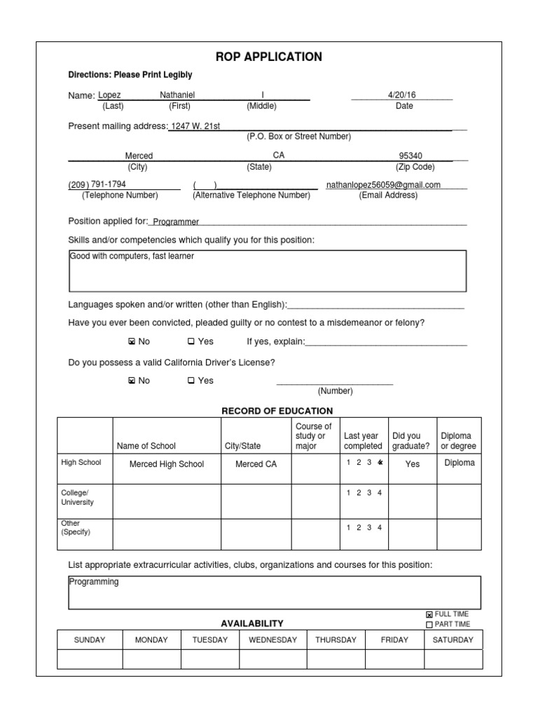 ROP Job Application Form | PDF