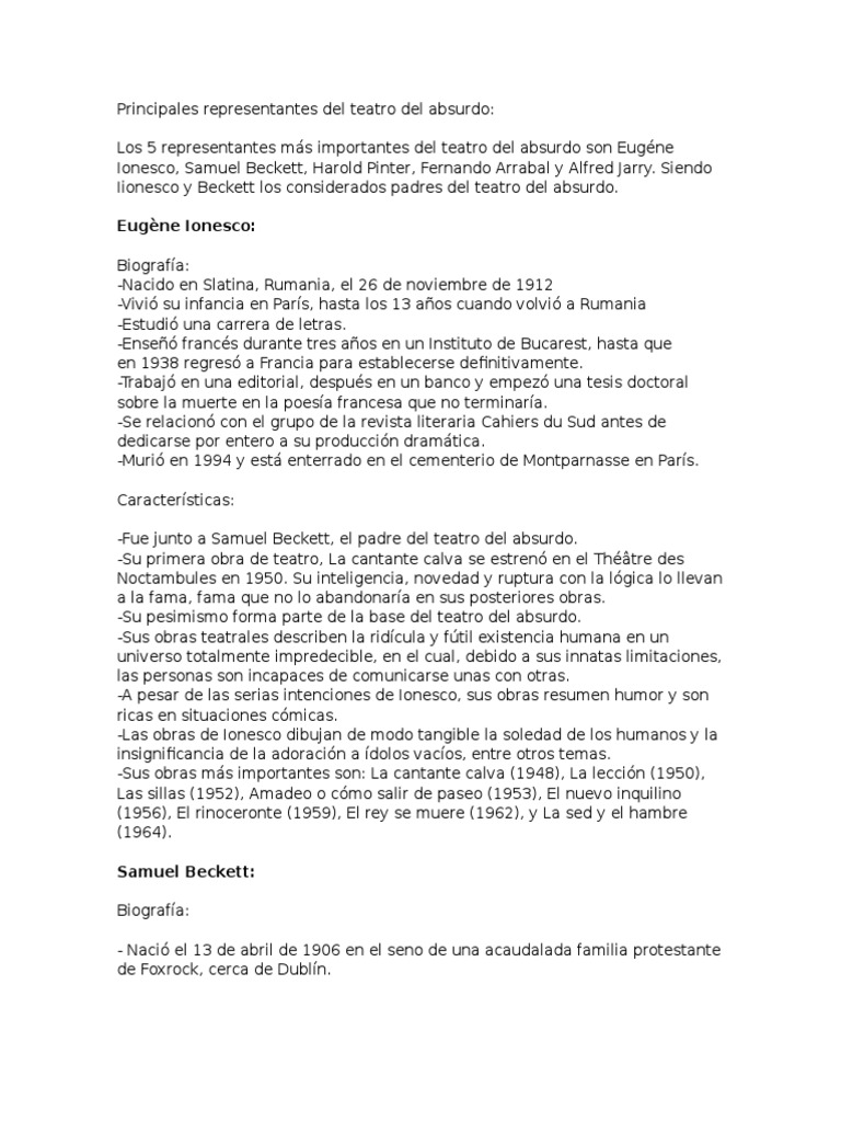 Principales Representantes Del Teatro Del Absurdo PDF Teatro Entretenimiento (general)