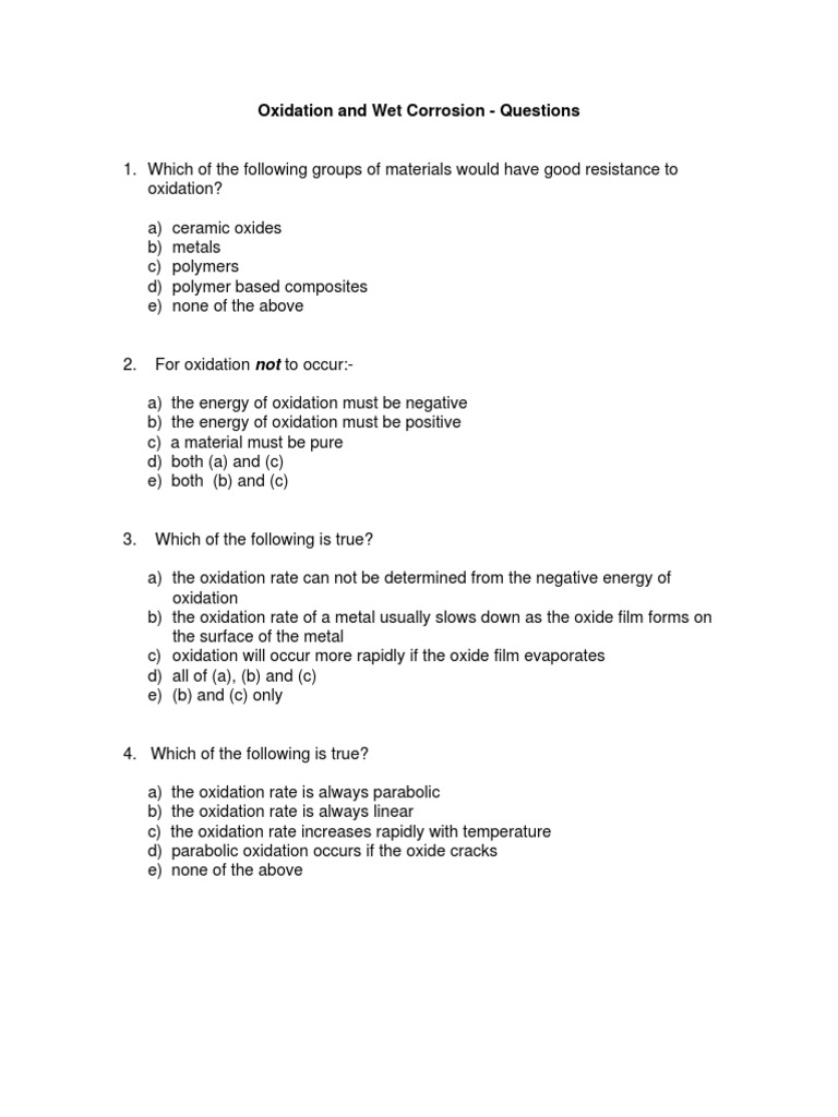 Oxidation and Wet Corrosion Questions | PDF | Corrosion | Metals