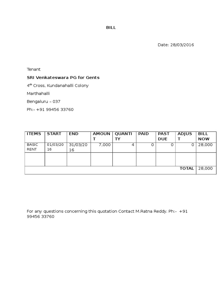 Bengaluru PG Rent Bill Summary | PDF