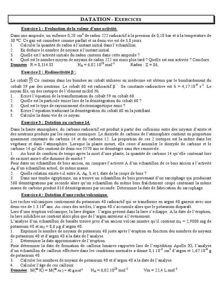 Exercices sur la datation radioactive | PDF | Datation par le carbone ...