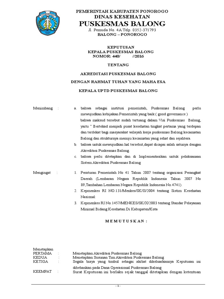 Contoh Sk Tim Akreditasi Puskesmas