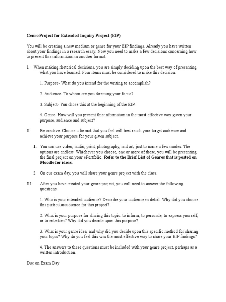 EIP Genre Project Guidelines and Tips | PDF | Social Science | Art