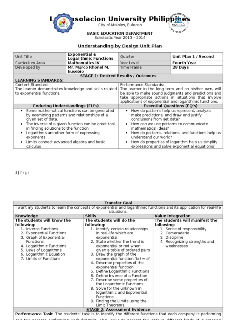 Exponential & Logarithmic Functions Unit Plan | PDF | Integral | Logarithm