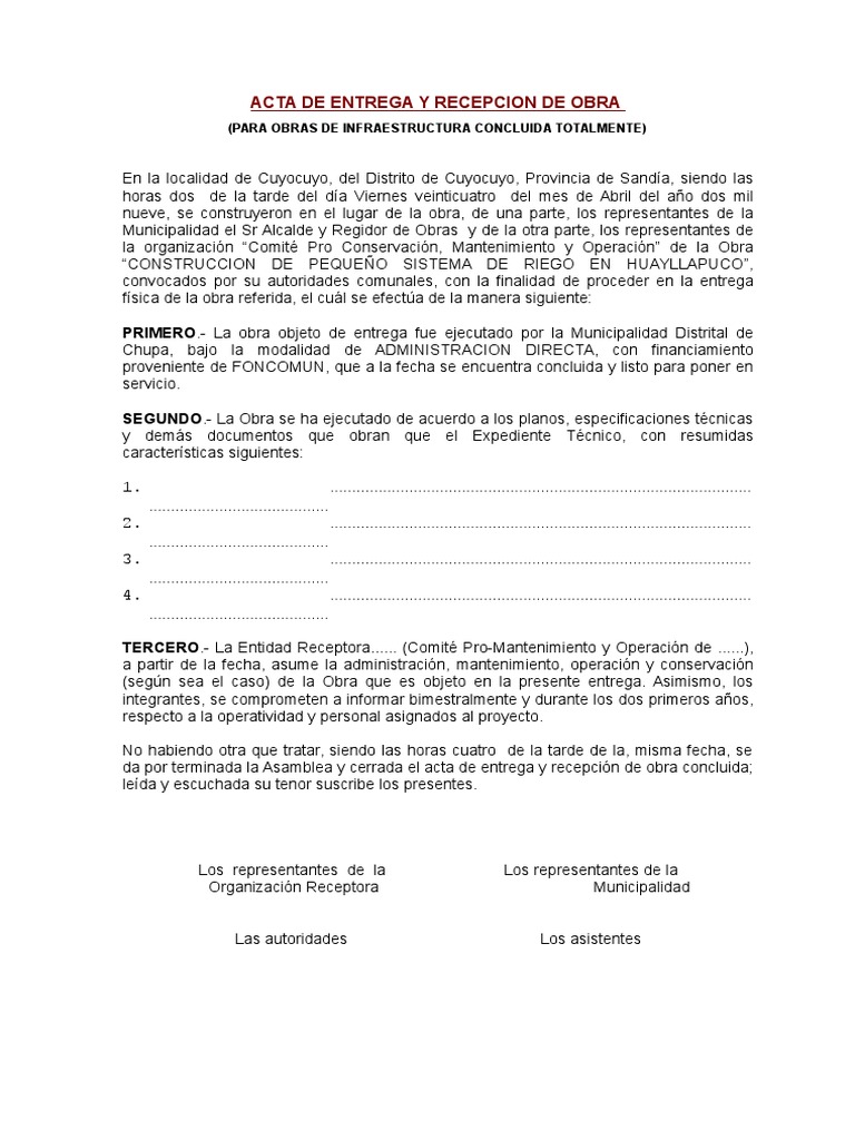 Acta Entrega y Recepcion de obra  Gobierno local