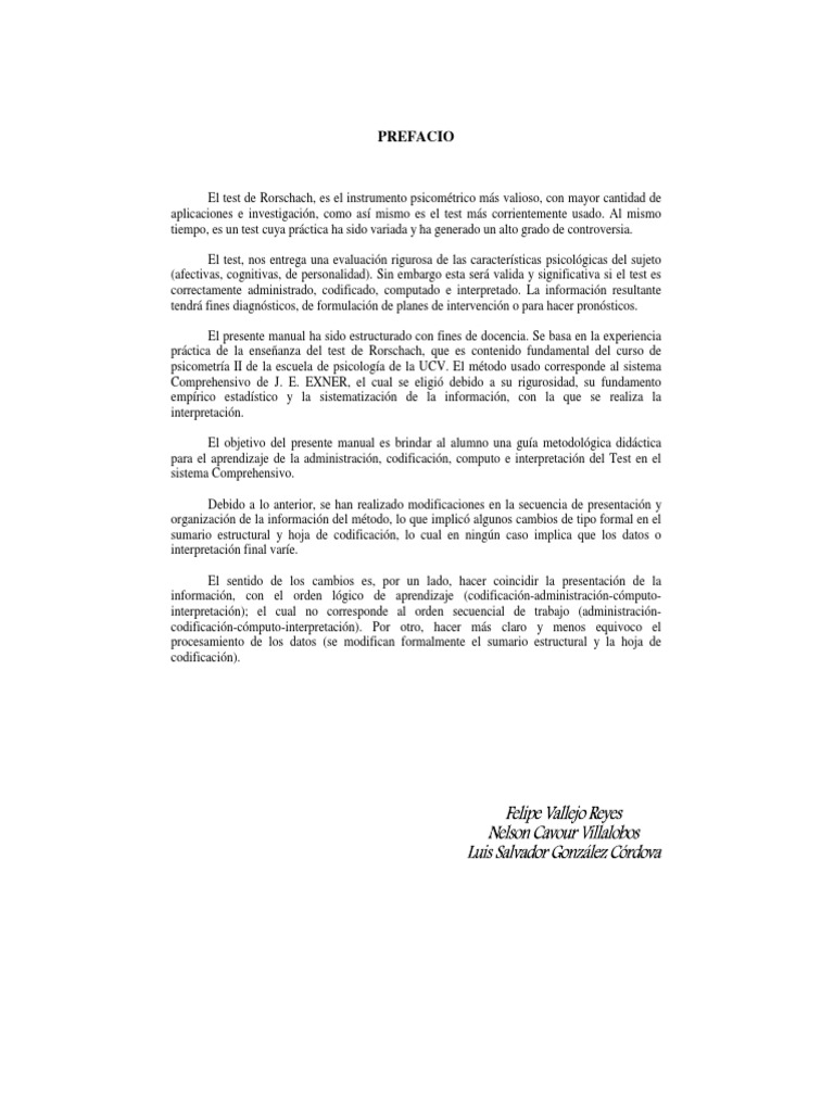 Manual Del Test De Rorschach Ps Luis Avila Pdf Sicología Ciencia