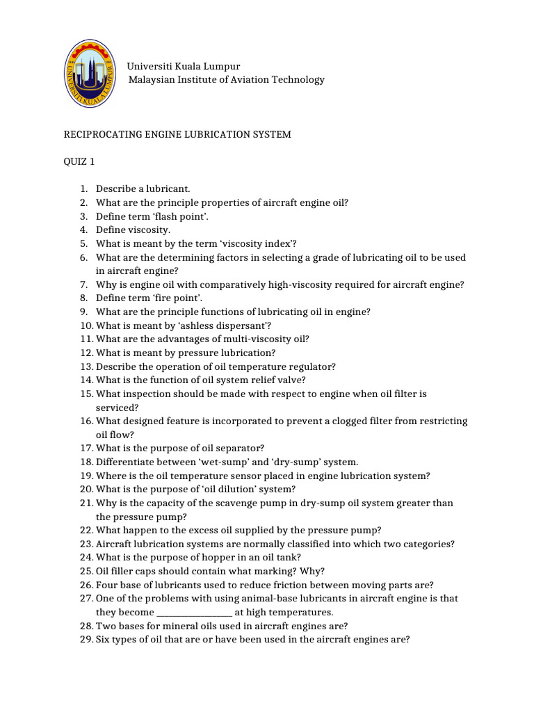 Reciprocating Lubrication Quiz Download Free PDF Motor Oil Lubricant