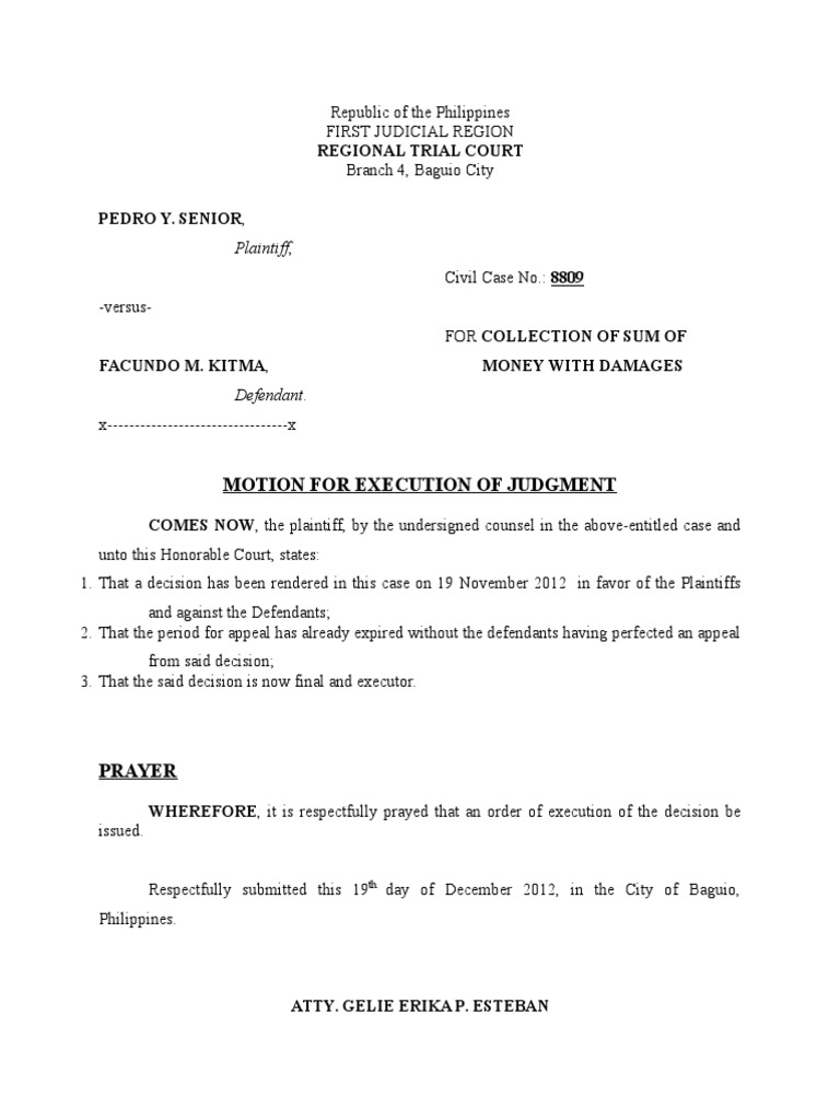 Motion for Execution of Judgment