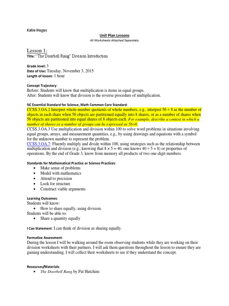 Comprehensive Unit Lesson Plans | PDF | Division (Mathematics ...