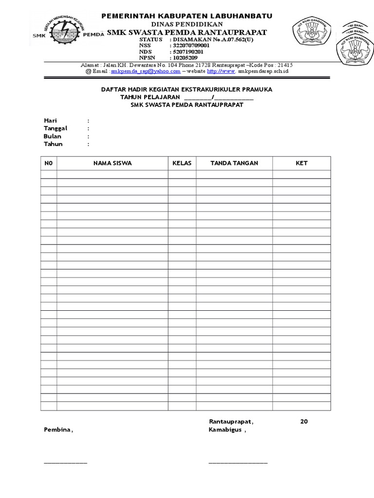 Daftar Hadir Kegiatan Ekstrakurikuler Pramuka Docx