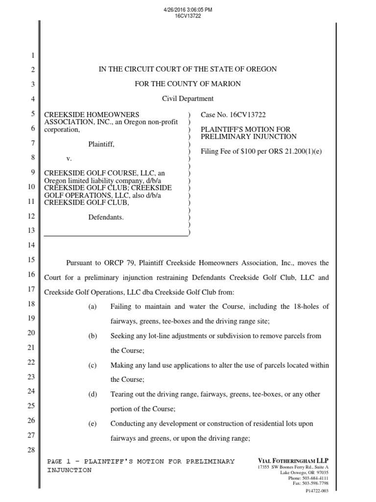 Creekside Homeowners' Injunction Motion | PDF | Injunction | Judiciaries