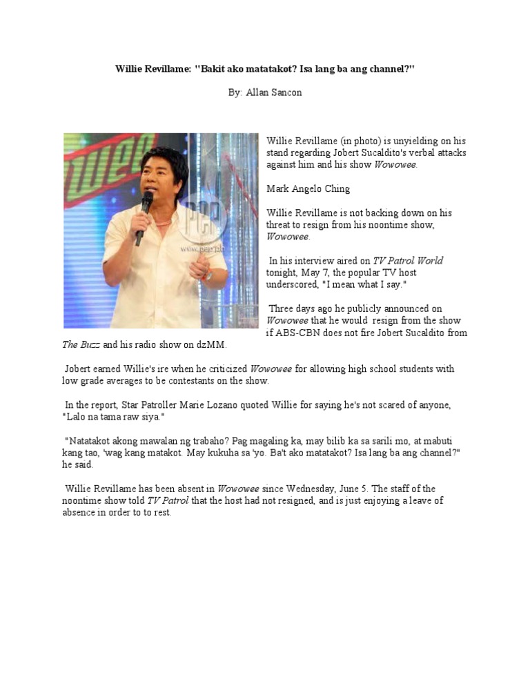 Willie Revillame Defends Wowowee Amid Criticism | PDF
