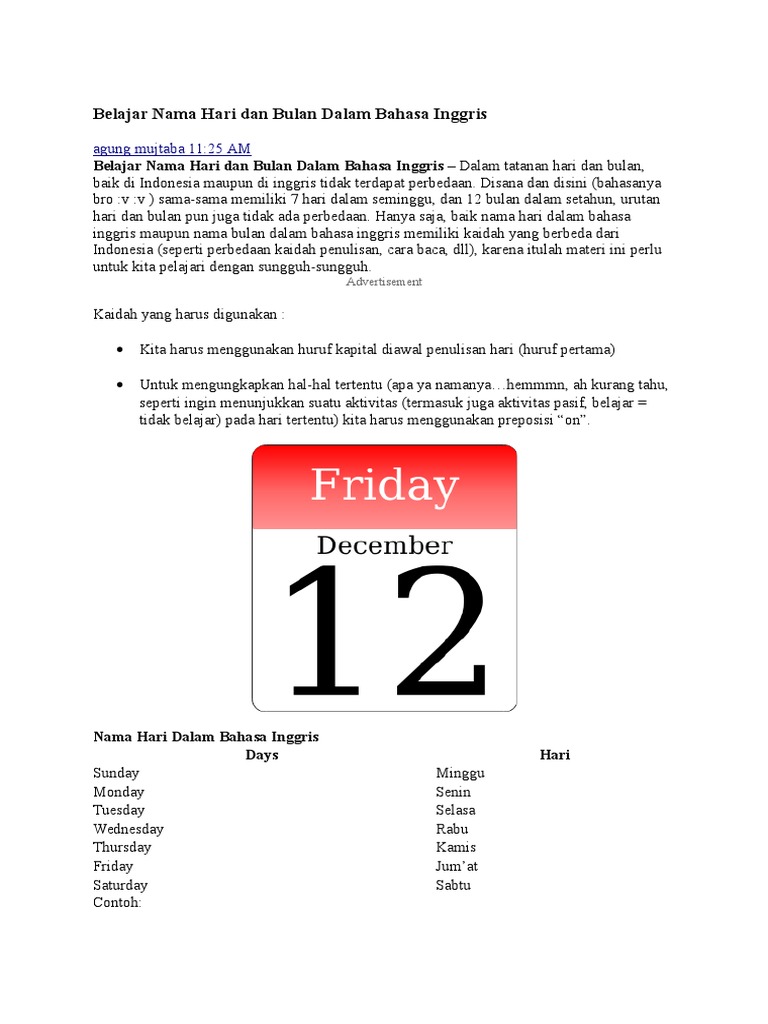 Belajar Nama Hari Dan Bulan Dalam Bahasa Inggris Belajar Nama Hari Dan Bulan Dalam Bahasa Inggris