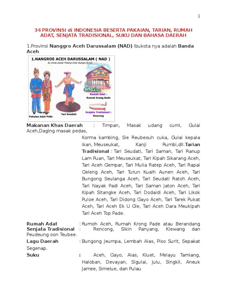 34 Provinsi Di Indonesia Beserta Pakaian Docx
