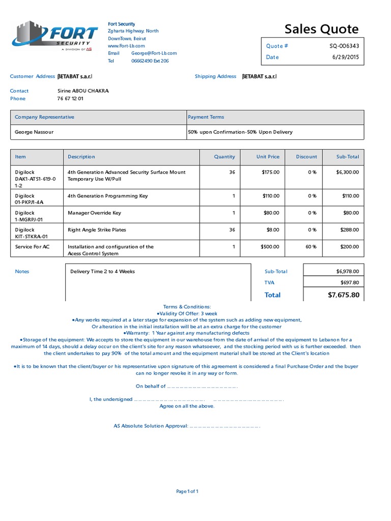 Sales Quote for Access Control System | PDF | Computers