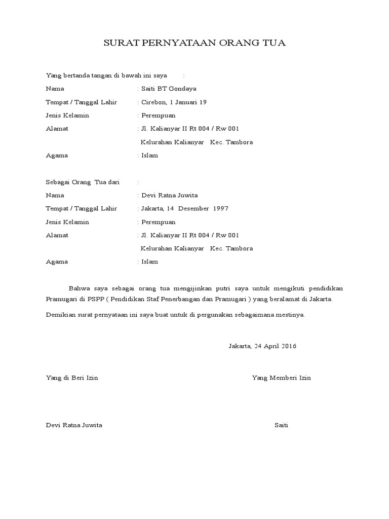 Contoh Surat Persetujuan Orang Tua Untuk Pramugari
