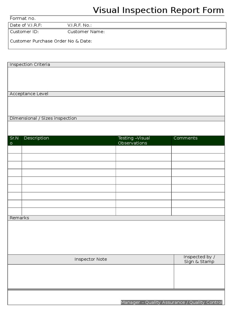 Visual Inspection Report Form PDF Quality Business Process