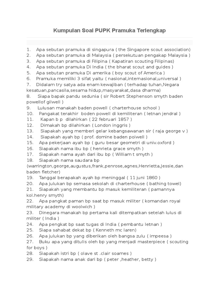 Kumpulan Soal PUPK Pramuka Terlengkap