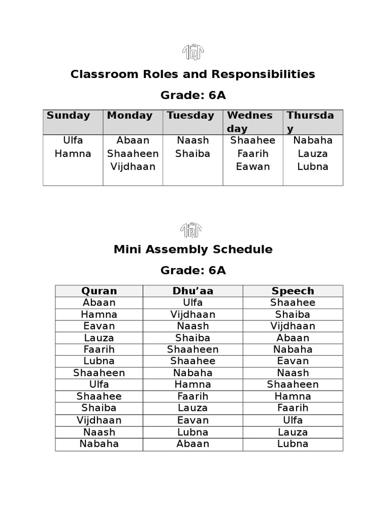 Grade 6A Classroom Roles Schedule | PDF | Religion & Spirituality