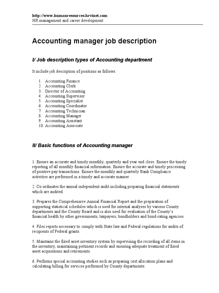Accounting Manager Job Description PDF Accounting Audit
