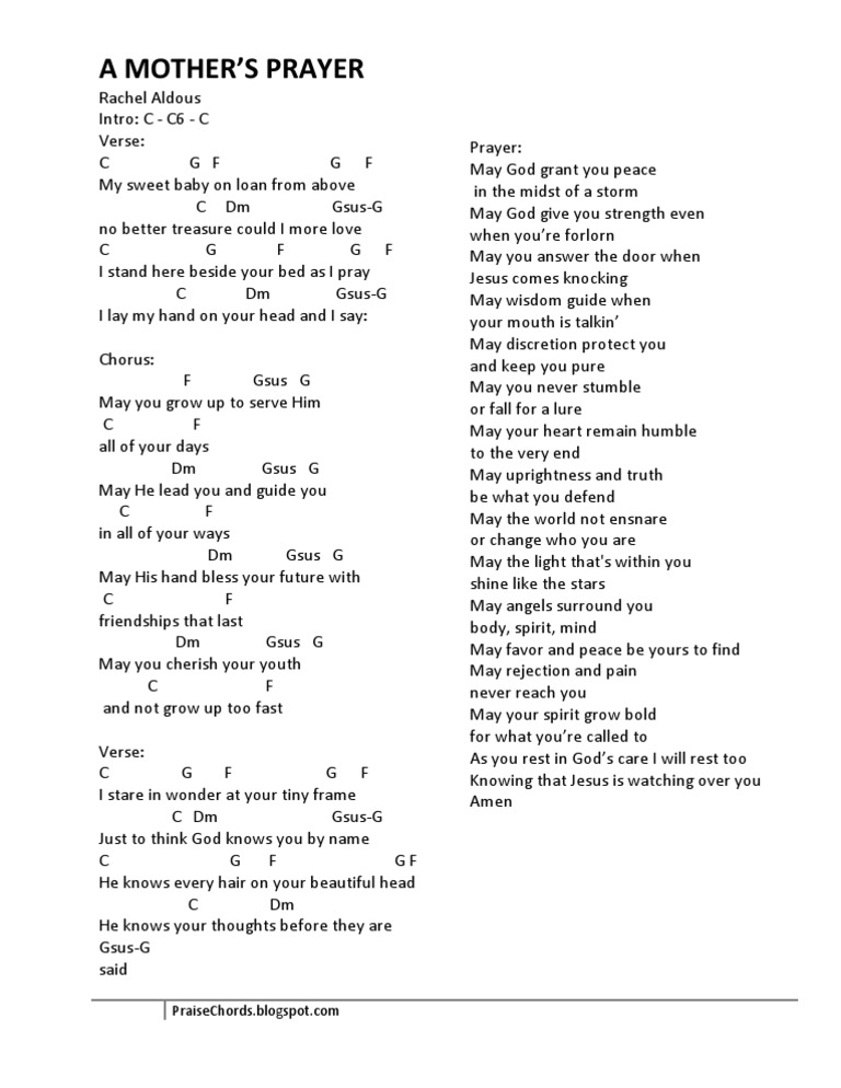 A Mother's Prayer Chords and Lyrics Prayer Religious Belief And