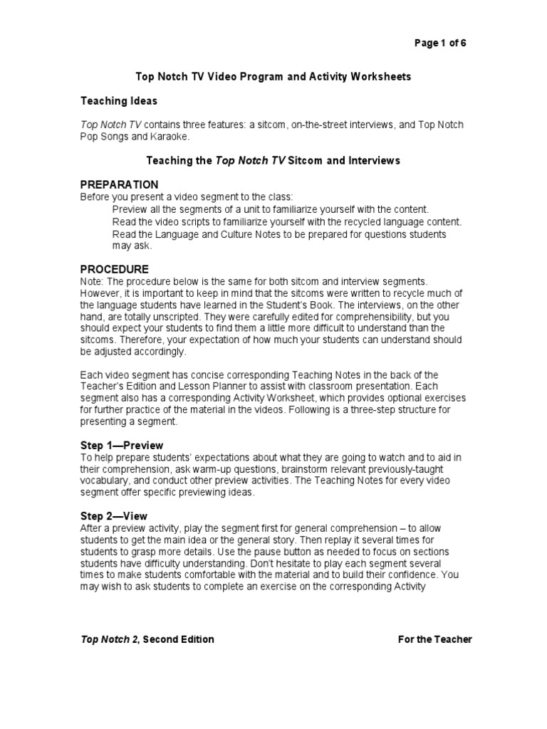 Top Notch TV Video Program and Activity Worksheets Teaching Ideas PDF