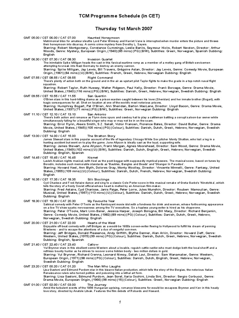 TCM Programme Schedule (In CET) Thursday 1st March 2007 PDF Leisure