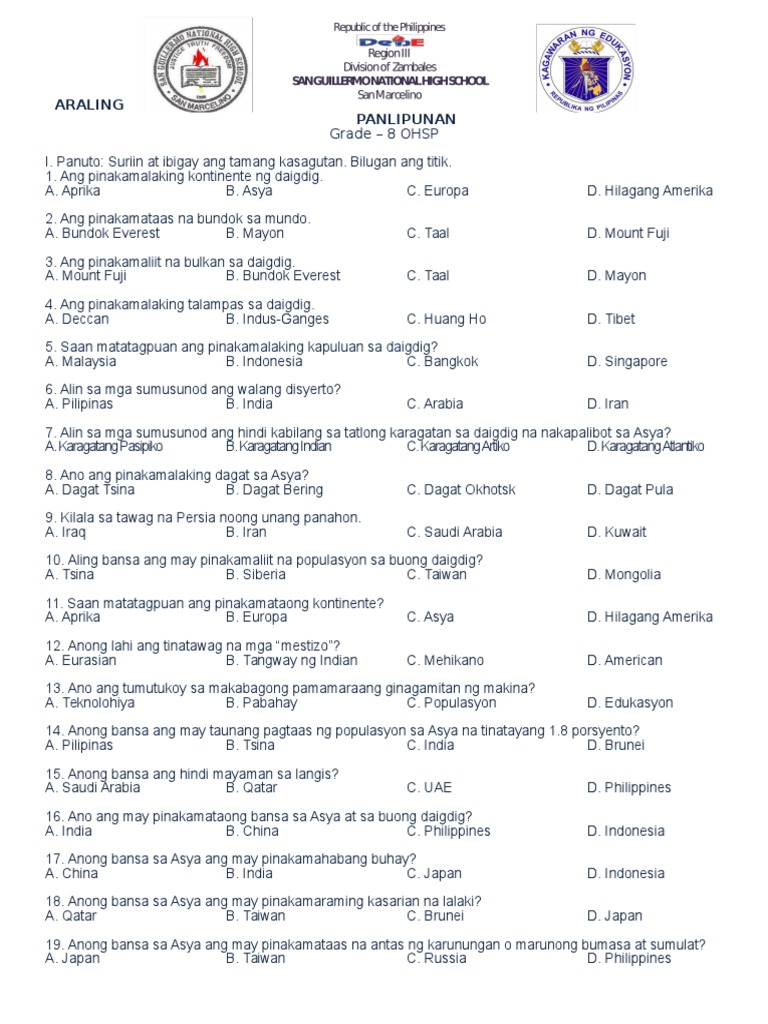 Araling Panlipunan Grade 8 Test | PDF
